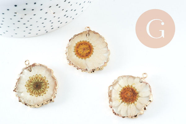 Pendentif résine fleur séchée 33mm, pendentif paquerette blanche et or, création de bijoux originaux, x1 (G5579)