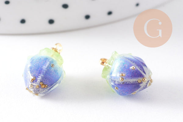 Pendentif résine fleur séchée bleue 33mm, pendentif fleur de rose et or, x1 (G5698)