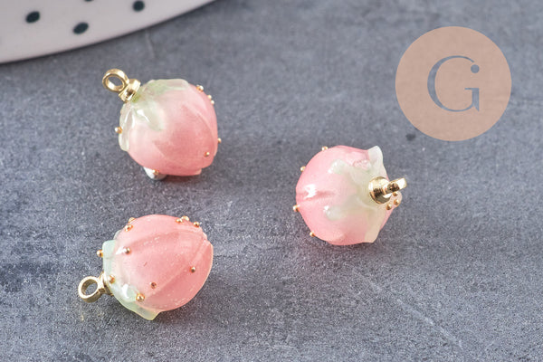 Pendentif résine fleur séchée rose rose 33mm, pendentif fleur de rose et or, création de bijoux originaux, x1 (G5697)