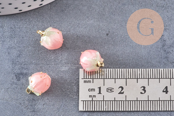 Pendentif résine fleur séchée rose rose 33mm, pendentif fleur de rose et or, création de bijoux originaux, x1 (G5697)