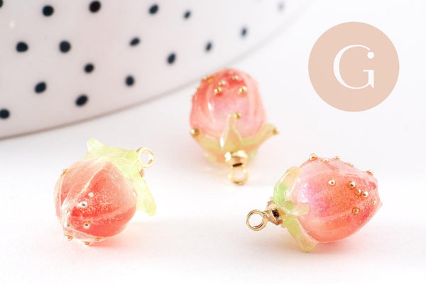 Pendentif résine fleur séchée rose rouge 33mm, pendentif fleur de rose et or, x1 (G6726)