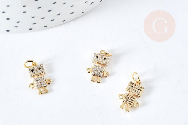 Pendentif robot cristal zircons en laiton doré 18K 14.5mm, breloque doré création bijoux, x1 G8439