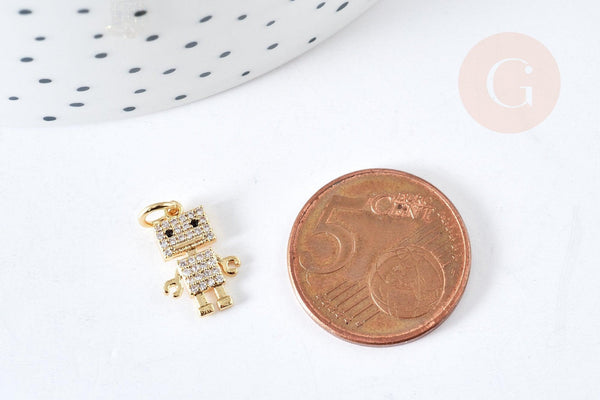 Pendentif robot cristal zircons en laiton doré 18K 14.5mm, breloque doré création bijoux, x1 G8439