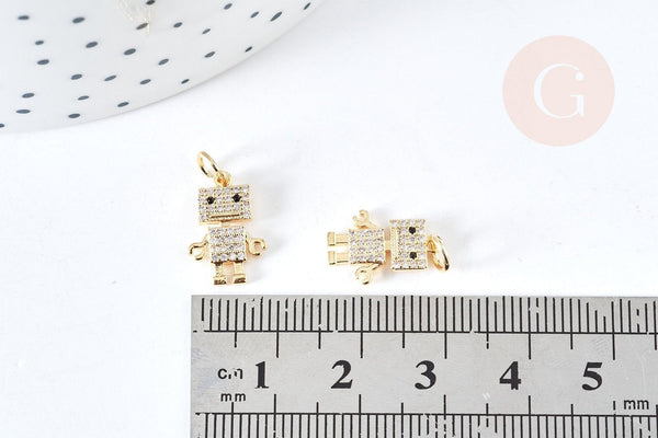 Pendentif robot cristal zircons en laiton doré 18K 14.5mm, breloque doré création bijoux, x1 G8439