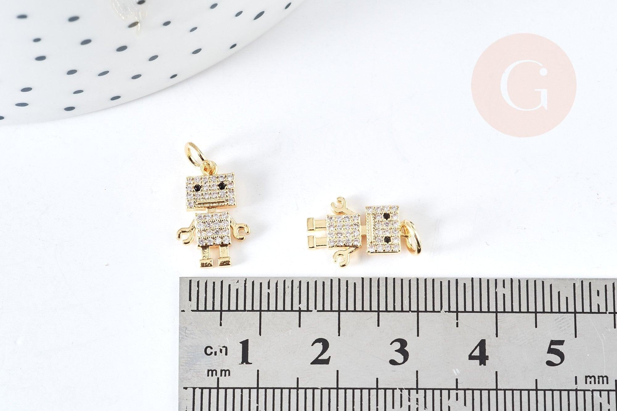 Pendentif robot cristal zircons en laiton doré 18K 14.5mm, breloque doré création bijoux, x1 G8439