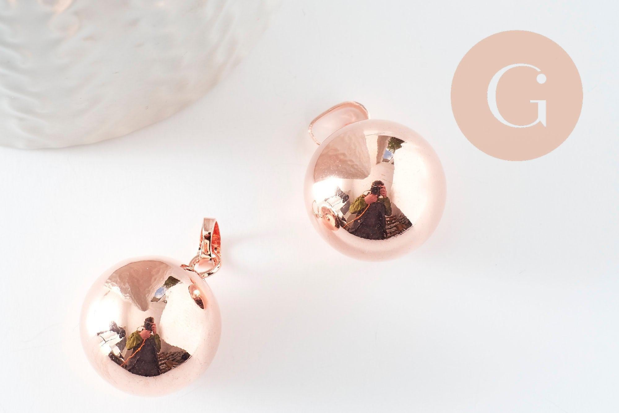 Pendentif rond Bola harmonie carillon laiton or rose 24mm, création bijoux grossesse, x1 (G9457)