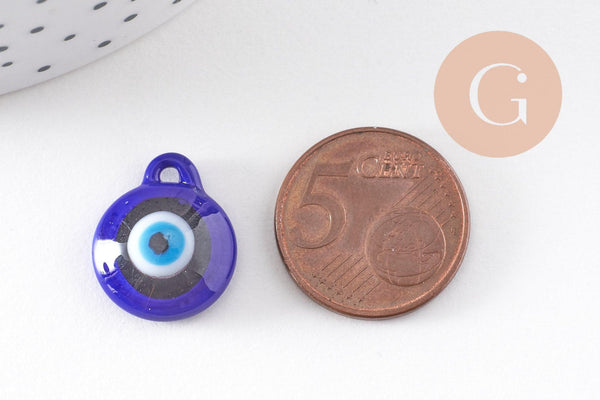 Pendentif rond Mauvais Oeil verre artisanal bleu 12mm,création bijoux chance, x1 (G3236)