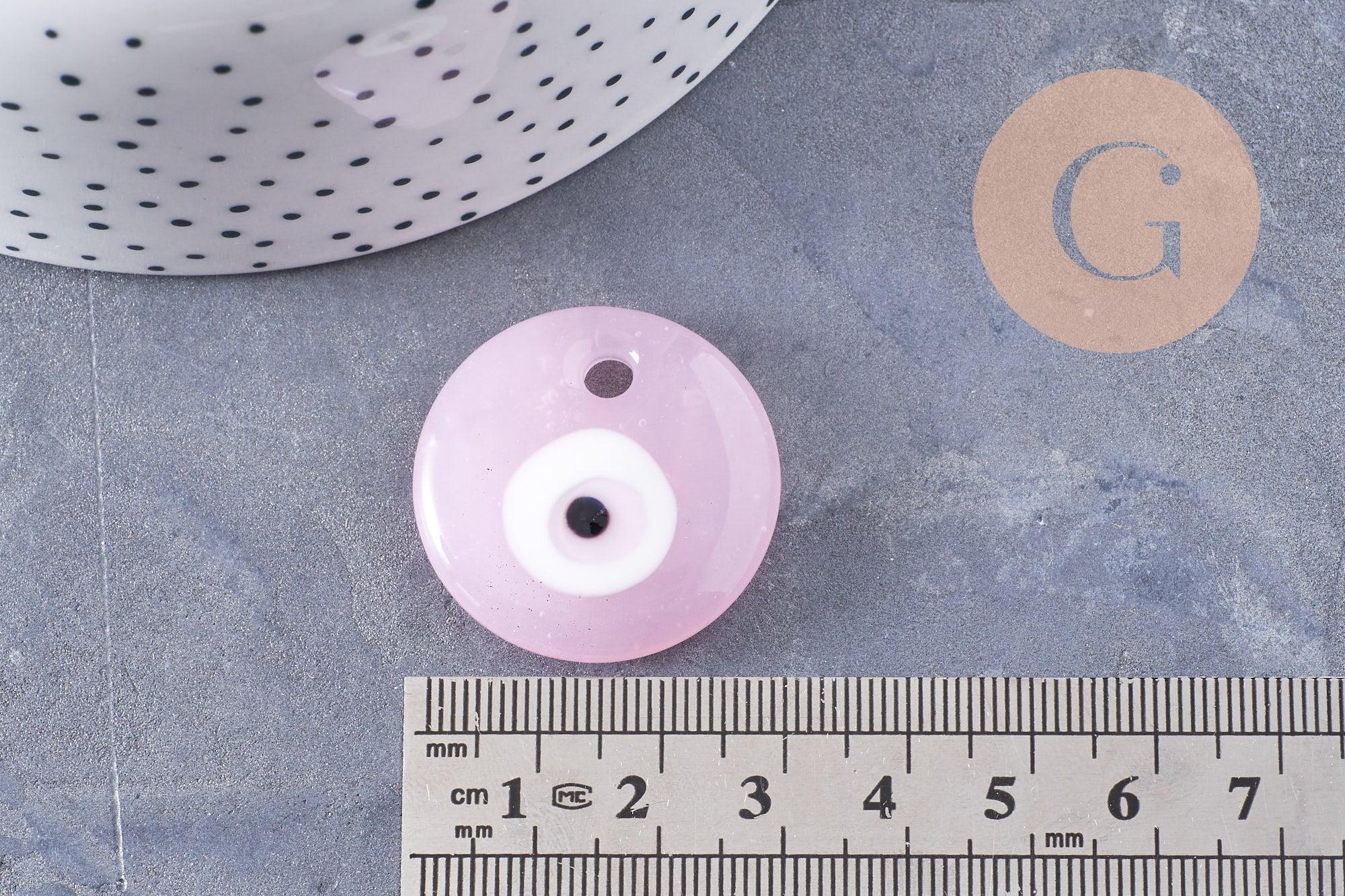 Pendentif rond Mauvais Oeil verre artisanal rose 30mm,création bijoux chance, x1 (G10096)