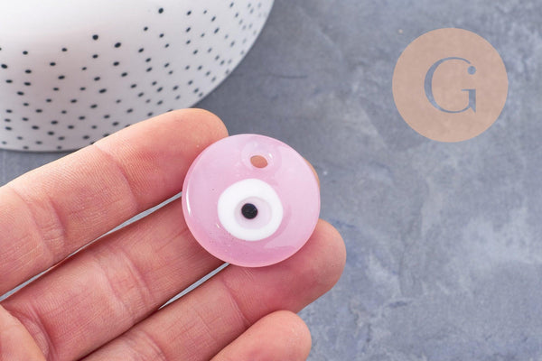 Pendentif rond Mauvais Oeil verre artisanal rose 30mm,création bijoux chance, x1 (G10096)