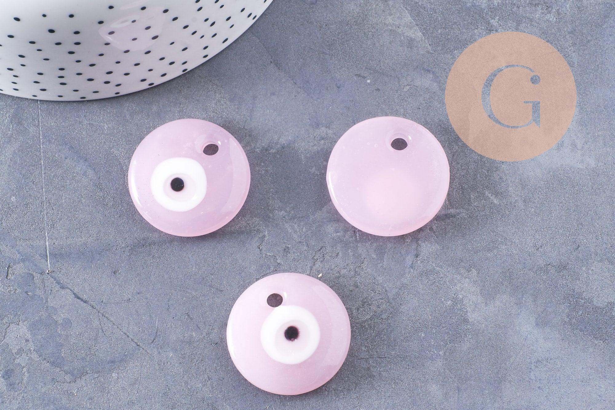 Pendentif rond Mauvais Oeil verre artisanal rose 30mm,création bijoux chance, x1 (G10096)