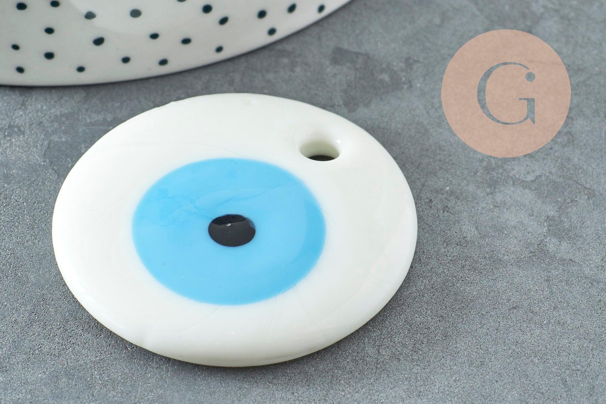 Pendentif rond Mauvais Oeil verre blanc 50mm, x1 (G9437)