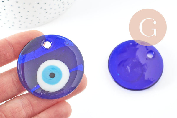 Pendentif rond Mauvais Oeil verre bleu roi 50mm, x1 (G9445)