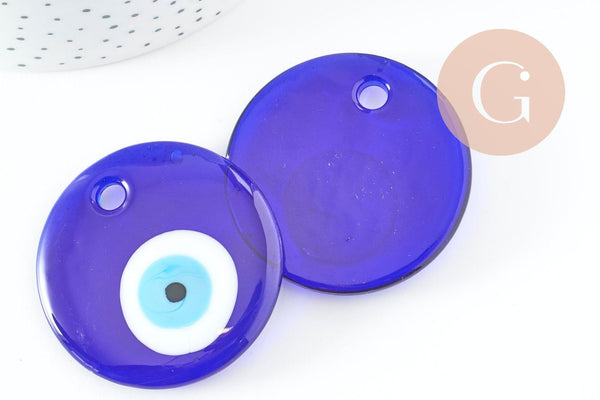 Pendentif rond Mauvais Oeil verre bleu roi 50mm, x1 (G9445)