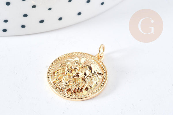 Pendentif rond Tête de Lion laiton doré 18K 22mm, fabrication bijoux fantaisie, x1 G8872