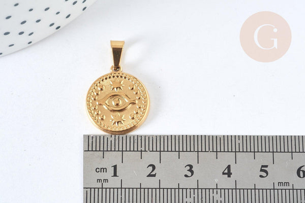 Pendentif rond acier 304 doré œil protecteur 20mm, création bijoux acier, x1 (G7386)