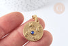 Pendentif rond acier 304 doré symboles chance strass bleu 23mm, création bijoux acier, x1 (G7499)