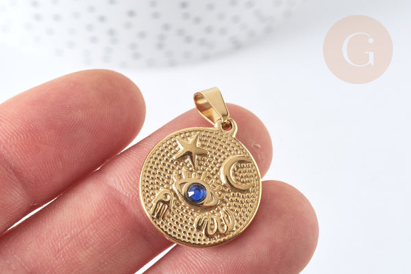Pendentif rond acier 304 doré symboles chance strass bleu 23mm, création bijoux acier, x1 (G7499)