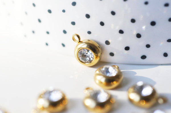 Pendentif rond acier doré 24 carats cristal blanc, pendentif doré cristal, création bijoux,12mm, x1 (G4835)