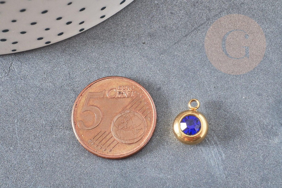 Pendentif rond acier doré 24 carats cristal bleu,pendentif cristal, pendentif doré cristal, 12mm, x1 G4838