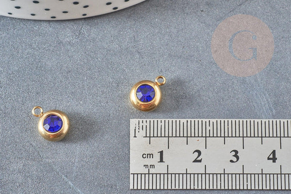 Pendentif rond acier doré 24 carats cristal bleu,pendentif cristal, pendentif doré cristal, 12mm, x1 G4838