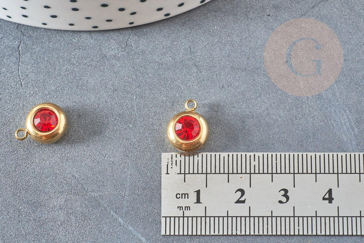 Pendentif rond acier doré 24 carats cristal rouge,pendentif cristal,12mm, x1 G4837