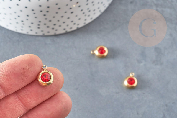 Pendentif rond acier doré 24 carats cristal rouge,pendentif cristal,12mm, x1 G4837
