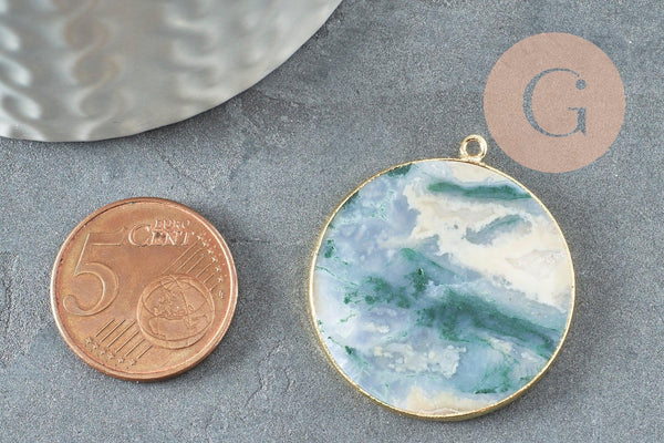 Pendentif rond agate verte mousse naturel 32mm, x1 (G2988)