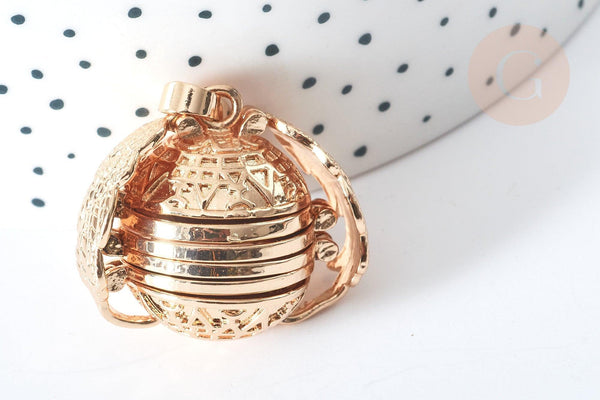 Pendentif rond ailes dépliant laiton doré 25,5mm, porte-photos, bijou original, x1 (G8065)