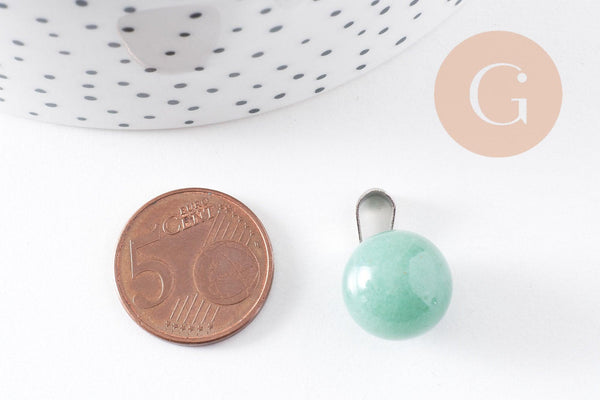 Pendentif rond aventurine verte naturelle acier inoxydable platine 17mm, x1 (G10069)