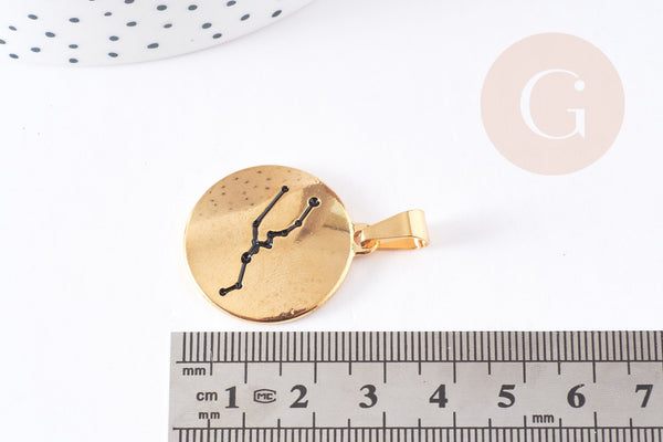 Pendentif rond constellation Taureau acier 304 inodydable doré 29mm, bijou signe astrologique résistant à l'eau, x1 (G4052)