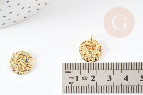 Pendentif rond constellation laiton doré zircons colorés 14-15mm, x1 (G5274)