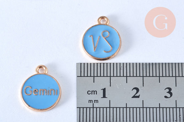 Pendentif rond constellation zamac doré zircon émail bleu clair 15mm, x1 (G6665)