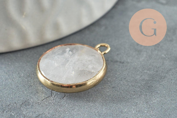 Pendentif rond cristal de roche naturel laiton doré 20mm, x1 (G1421)