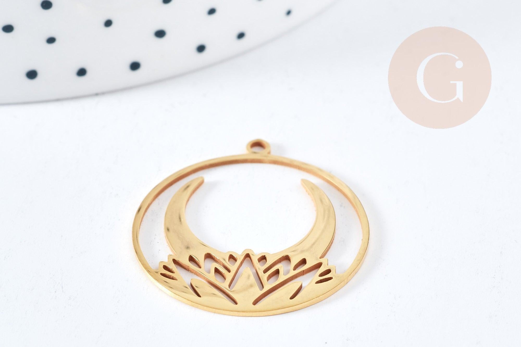 Pendentif rond croissant de lune nénuphar acier 201 doré inoxydable 32mm, x1 (G8814)