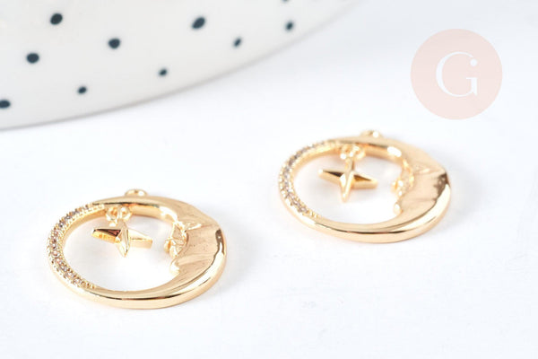 Pendentif rond croissant lune laiton doré zircons blancs 18.5mm, x1 (G8434)