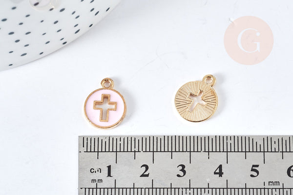 Pendentif rond croix zamac doré émail rose 15mm,pendentif doré pour création de bijoux, x5 (G8417)