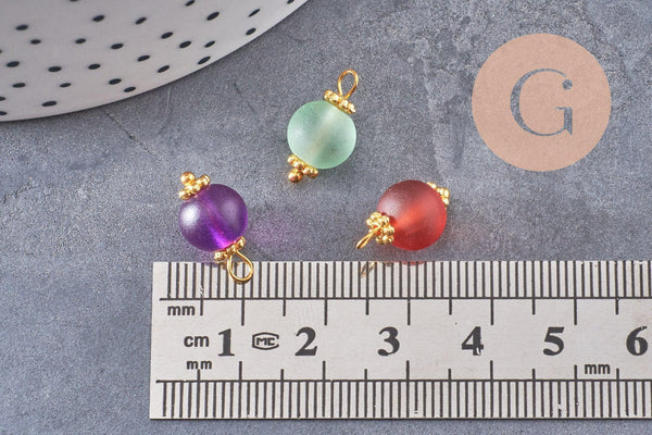 Pendentif rond doré carats verre sablé multicolore, pendentif doré cristal, création bijoux,14mm, X10 (G4185)