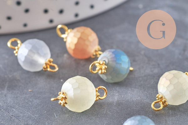 Pendentif rond doré carats verre sablé multicolore,pendentif cristal, pendentif doré cristal, 19mm, X10 (G5674)