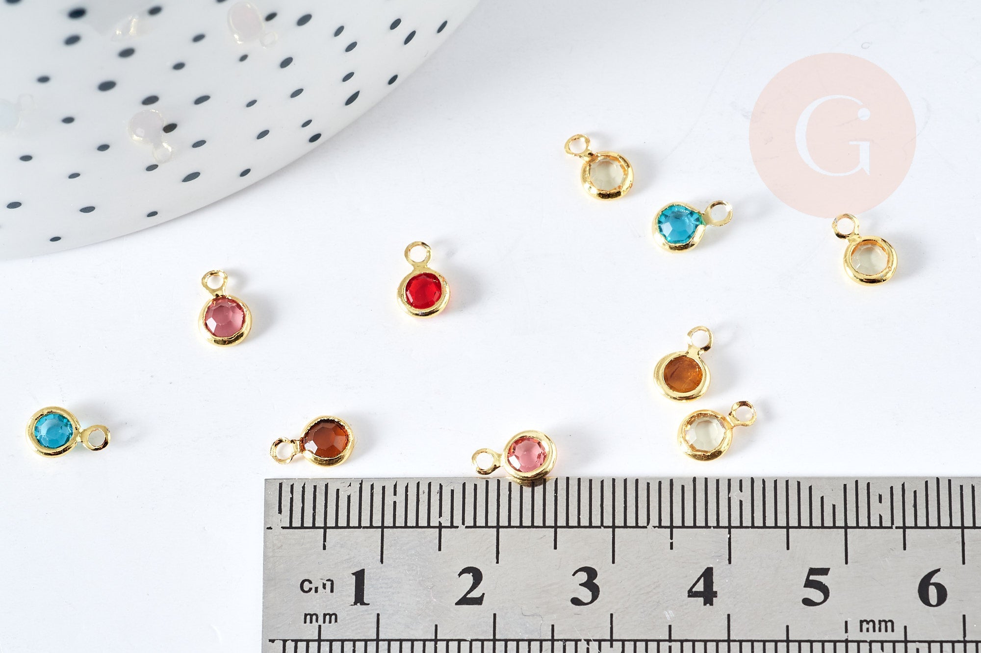 Pendentif rond doré cristal multicolore 7.5mm,pendentif doré création bijoux, les 10 G8419