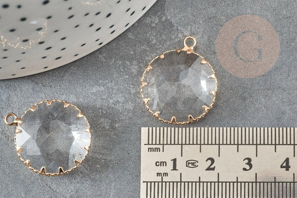 Pendentif rond doré cristal transparent à facettes 25mm, x2 (G2830)