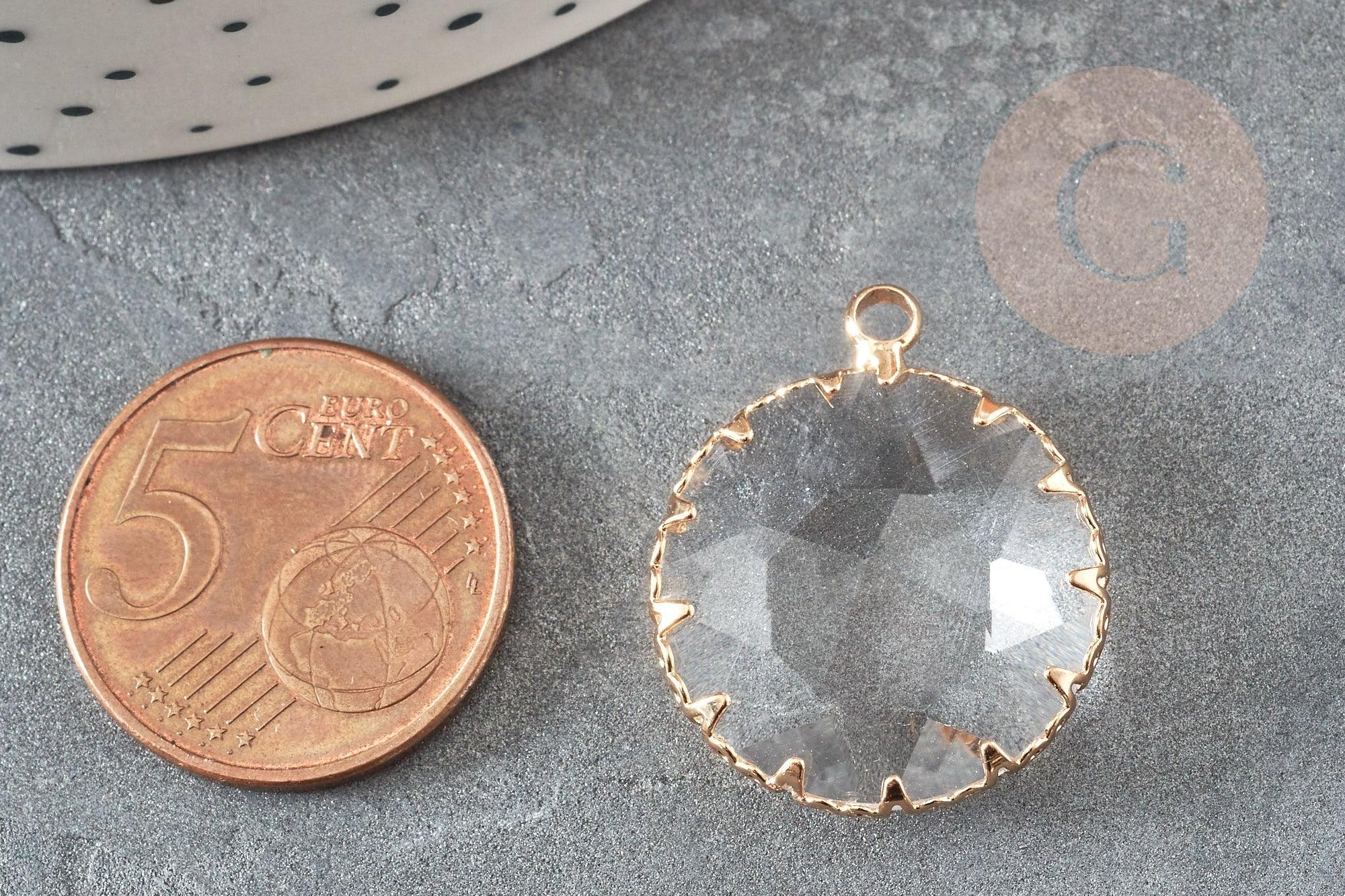 Pendentif rond doré cristal transparent à facettes 25mm, x2 (G2830)