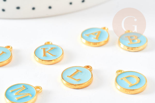 Pendentif rond doré initiale émail bleu, Pendentif femme, métal doré, pendentif initiale,création bijoux,14mm, x1 G3205