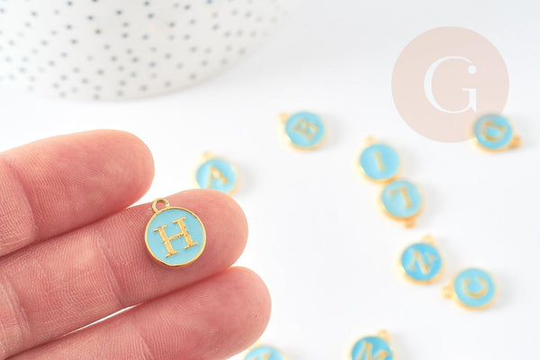 Pendentif rond doré initiale émail bleu, Pendentif femme, métal doré, pendentif initiale,création bijoux,14mm, x1 G3205