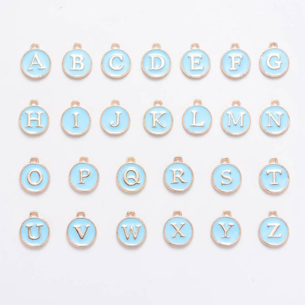 Pendentif rond doré initiale émail bleu, Pendentif femme, métal doré, pendentif initiale,création bijoux,14mm, x1 G3205