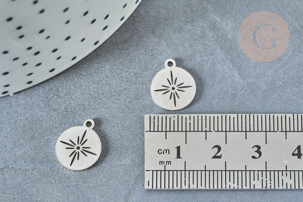 Pendentif rond étoile acier platine 304 inoxydable 14mm, création bijoux acier inoxydable x1 G8013