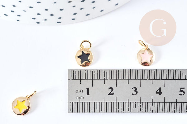 Pendentif rond étoile émail coloré laiton doré 18K 10mm,x1 (G8581)