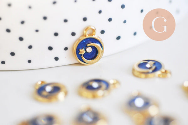 Pendentif rond étoiles de lune émaillé bleu zamac or zircon 13mm, x1 (G5917)