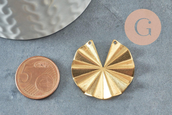 Pendentif rond éventail plié laiton brut, pendentif apprêt doré sans nickel en laiton brut,30mm, X2 (G3184)