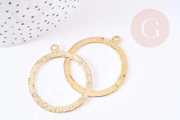 Pendentif rond imprimé acier doré 43mm, x1 (G3448)