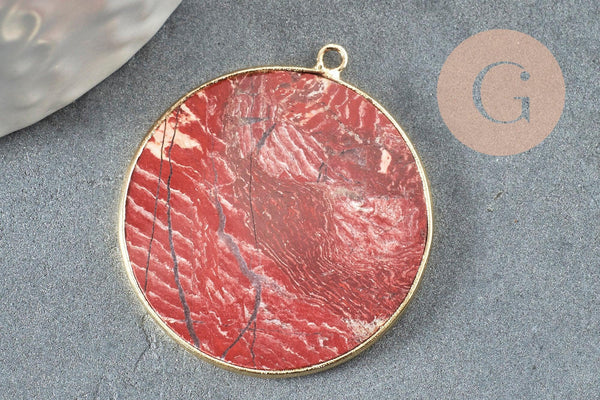 Pendentif rond jaspe rouge,creation bijou,pierre jaspe naturel,32mm, x1 G3081